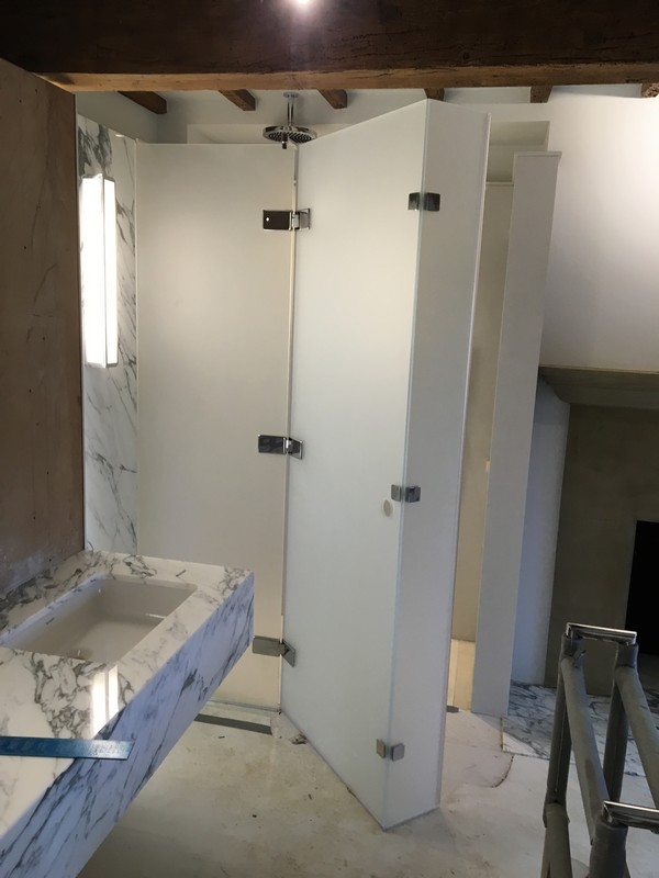 Bespoke frosted glass shower enclosure in South Norwood luxury bathroom